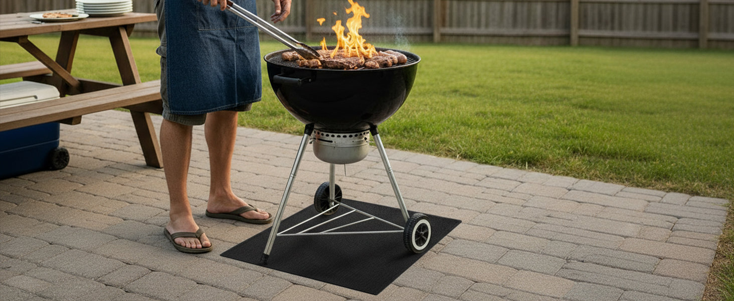 Grillmatte unter Holzkohlegrill im Garten