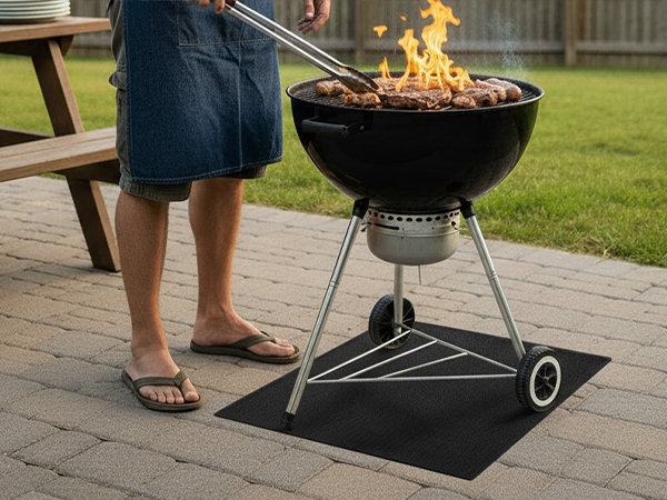 Grillmatte unter Holzkohlegrill im Garten