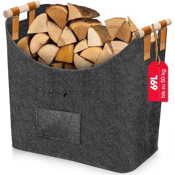 EVOCAMP großer Filzkorb für Brennholz und Aufbewahrung, XXL Kaminholzkorb aus Filz in Dunkelgrau, mit Holzgriffen, Kaminholztasche 44x44x30 cm