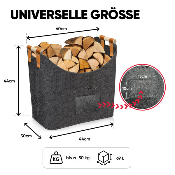 2x Filz Brennholzkorb Mit Holzgriff - Faltbar & Vielseitig