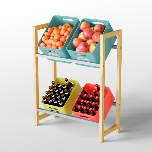 Björn&Schiller Getränkekistenregal – rutschfest Kistenständer, Regal für Getränkekisten, 4 Kisten, 71x30x90 cm, Bambus & Eisen, einfache Montage