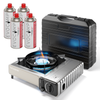 Outdoor Gaskocher für Camping, Piezozündung, kompat. mit Gaskartuschen 227g – 2,2 kW – Inkl. Transportkoffer, 4x 227g MSF-1A Gaskartuschen