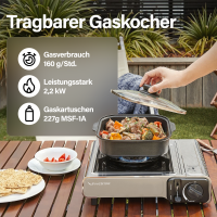 Outdoor Gaskocher für Camping, Piezozündung, kompat. mit Gaskartuschen 227g – 2,2 kW – Inkl. Transportkoffer, 4x 227g MSF-1A Gaskartuschen