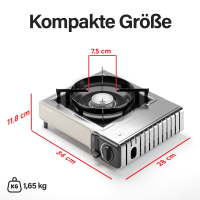 Outdoor Gaskocher für Camping, Piezozündung, kompat. mit Gaskartuschen 227g – 2,2 kW – Inkl. Transportkoffer, 4x 227g MSF-1A Gaskartuschen