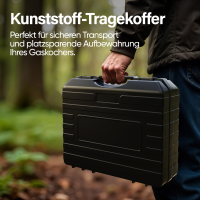 Outdoor Gaskocher für Camping, Piezozündung, kompat. mit Gaskartuschen 227g – 2,2 kW – Inkl. Transportkoffer, 4x 227g MSF-1A Gaskartuschen