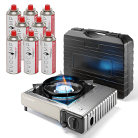 Outdoor Gaskocher für Camping, Piezozündung, kompat. mit Gaskartuschen 227g – 2,2 kW – Inkl. Transportkoffer, 8x 227g MSF-1A Gaskartuschen