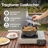 Outdoor Gaskocher für Camping, Piezozündung, kompat. mit Gaskartuschen 227g – 2,2 kW – Inkl. Transportkoffer, 8x 227g MSF-1A Gaskartuschen