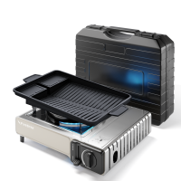 Outdoor Gaskocher für Camping, Piezozündung, kompat. mit Gaskartuschen 227g – 2,2 kW – Inkl. Transportkoffer und Grillplatte 38 cm