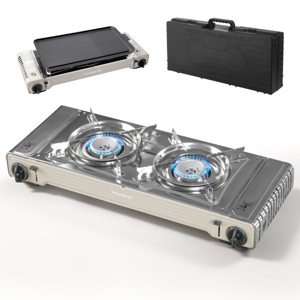 Outdoor Gaskocher Camping 2-flammig, Piezo-Zündung, kompatibel mit 227g Gaskartuschen – Leistung 2х2,2 kW – mit Transportkoffer und Grillplatte