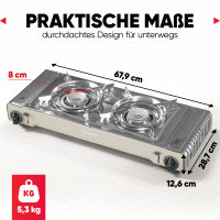 Outdoor Gaskocher Camping 2-flammig, Piezo-Zündung, kompatibel mit 227g Gaskartuschen – Leistung 2х2,2 kW – mit Transportkoffer und Grillplatte