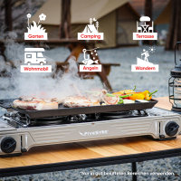 Outdoor Gaskocher Camping 2-flammig, Piezo-Zündung, kompatibel mit 227g Gaskartuschen – Leistung 2х2,2 kW – mit Transportkoffer und Grillplatte