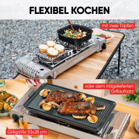 Outdoor Gaskocher Camping 2-flammig, Piezo-Zündung, kompatibel mit 227g Gaskartuschen – Leistung 2х2,2 kW – mit Transportkoffer und Grillplatte