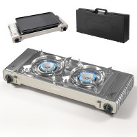 Outdoor Gaskocher Camping 2-flammig, Piezo-Zündung, kompatibel mit 227g Gaskartuschen – Leistung 2х2,2 kW – mit Transportkoffer und Grillplatte