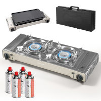 Outdoor Gaskocher Camping 2-flammig, Piezo-Zündung, mit 4x 227g Gaskartuschen – Leistung 2х2,2 kW – mit Transportkoffer und Grillplatte