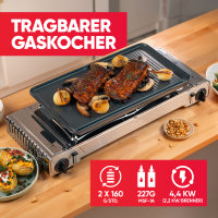 Outdoor Gaskocher Camping 2-flammig, Piezo-Zündung, mit 4x 227g Gaskartuschen – Leistung 2х2,2 kW – mit Transportkoffer und Grillplatte