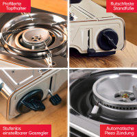 Outdoor Gaskocher Camping 2-flammig, Piezo-Zündung, mit 4x 227g Gaskartuschen – Leistung 2х2,2 kW – mit Transportkoffer und Grillplatte