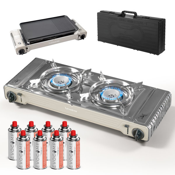 Outdoor Gaskocher Camping 2-flammig, Piezo-Zündung, mit 8x 227g Gaskartuschen – Leistung 2х2,2 kW  – mit Transportkoffer und Grillplatte