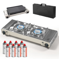 Outdoor Gaskocher Camping 2-flammig, Piezo-Zündung, mit 8x 227g Gaskartuschen – Leistung 2х2,2 kW  – mit Transportkoffer und Grillplatte
