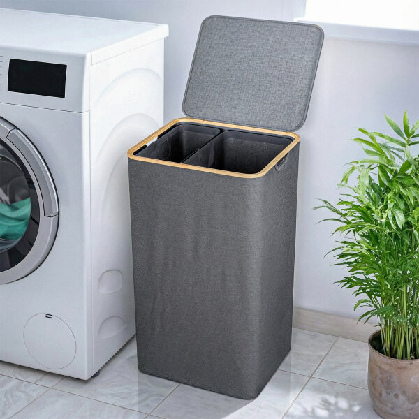 Björn&Schiller Wäschebox, schmal,hoch, Wäschesortierer, Wäschekorb, grau, Oxfordstoff, Bambusrahmen, ideal für Schlafzimmer, Badezimmer