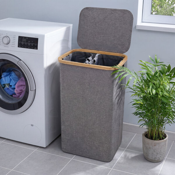 Björn&Schiller Wäschebox, schmal,hoch, Wäschesortierer, Wäschekorb, Oxfordstoff, Bambusrahmen, ideal für Schlafzimmer, Badezimmer