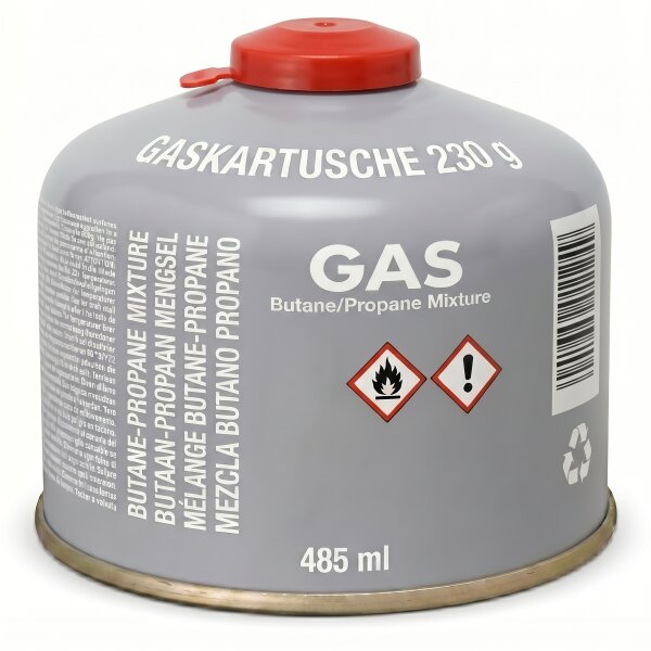 Gaskartusche 230g Schraubkartusche EN 417 für Gaskocher, Gasbrenner & Gasgrills, Butan-Propan, 7/16" Schraubgewinde, Outdoor & Notfall Einsatz