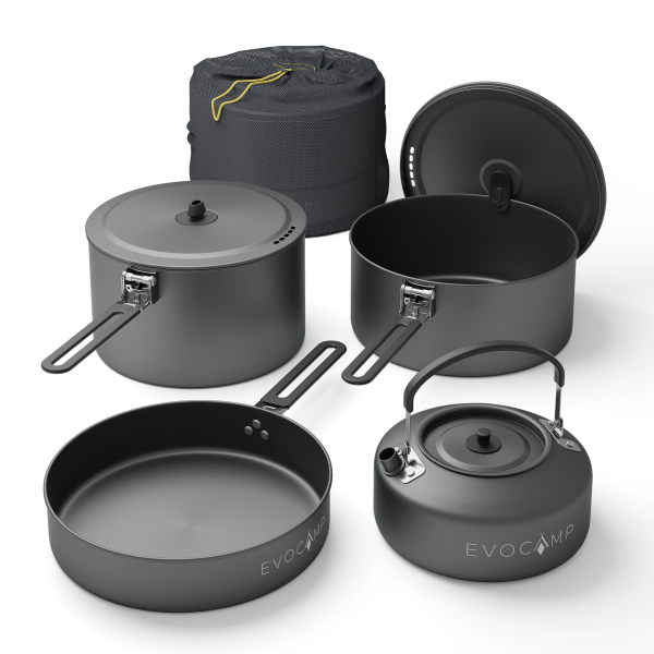 EVOCAMP Camping Kochgeschirr Set 4-teilig Outdoor Geschirr Set aus Aluminium, leichtes stapelbares Camping Geschirr mit Klappgriffen und Tragetasche