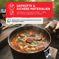 EVOCAMP Camping Kochgeschirr Set 4-teilig Outdoor Geschirr Set aus Aluminium, leichtes stapelbares Camping Geschirr mit Klappgriffen und Tragetasche