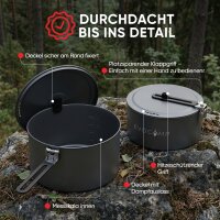 EVOCAMP Camping Kochgeschirr Set 4-teilig Outdoor Geschirr Set aus Aluminium, leichtes stapelbares Camping Geschirr mit Klappgriffen und Tragetasche