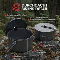 EVOCAMP Camping Kochgeschirr Set 4-teilig Outdoor Geschirr Set aus Aluminium, leichtes stapelbares Camping Geschirr mit Klappgriffen und Tragetasche