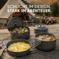 EVOCAMP Camping Kochgeschirr Set 4-teilig Outdoor Geschirr Set aus Aluminium, leichtes stapelbares Camping Geschirr mit Klappgriffen und Tragetasche