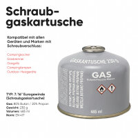 Gaskartusche 230g Schraubkartusche EN 417 für Gaskocher, Gasbrenner & Gasgrills, Butan-Propan, 7/16" Schraubgewinde, Outdoor & Notfall Einsatz