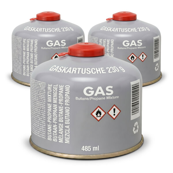 Gaskartusche 230g Schraubkartusche EN 417 für Gaskocher, Gasbrenner & Gasgrills, Butan-Propan, 7/16" Schraubgewinde, Outdoor & Notfall Einsatz