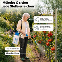 Björn&Schiller Drucksprüher 5 Liter, Gartenspritze mit langem Schlauch und Sprühlanze, Messskala und Schultergurt, für Haus und Garten, blau-weiß