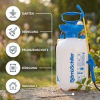 Björn&Schiller Drucksprüher 5 Liter, Gartenspritze mit langem Schlauch und Sprühlanze, Messskala und Schultergurt, für Haus und Garten, blau-weiß