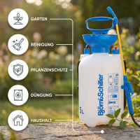 Björn&Schiller Drucksprüher 5 Liter, Gartenspritze mit langem Schlauch und Sprühlanze, Messskala und Schultergurt, für Haus und Garten, blau-weiß