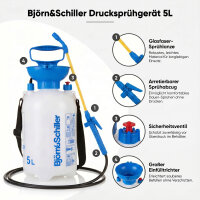 Björn&Schiller Drucksprüher 5 Liter, Gartenspritze mit langem Schlauch und Sprühlanze, Messskala und Schultergurt, für Haus und Garten, blau-weiß