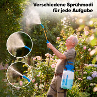 Björn&Schiller Drucksprüher 5 Liter, Gartenspritze mit langem Schlauch und Sprühlanze, Messskala und Schultergurt, für Haus und Garten, blau-weiß