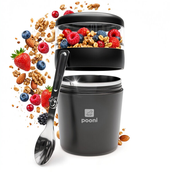 Pooni Müslibecher, Joghurtbecher aus Edelstahl mit Löffel, für Müsli, Joghurt, BPA-frei, Spülmaschinengeeignet, 500 ml + 150ml