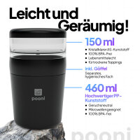 Pooni Müslibecher, Joghurtbecher aus PP-Kunststoff mit 2-in-1-Besteck, für Joghurt, BPA-frei, mikrowellengeeignet, 460 ml + 150 ml, Schwarze Eleganz