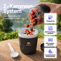 Pooni Müslibecher, Joghurtbecher aus PP-Kunststoff mit 2-in-1-Besteck, für Joghurt, BPA-frei, mikrowellengeeignet, 460 ml + 150 ml, Schwarze Eleganz