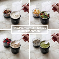 Pooni Müslibecher, Joghurtbecher aus PP-Kunststoff mit 2-in-1-Besteck, für Joghurt, BPA-frei, mikrowellengeeignet, 460 ml + 150 ml, Schwarze Eleganz