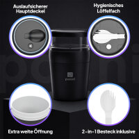 Pooni Müslibecher, Joghurtbecher aus PP-Kunststoff mit 2-in-1-Besteck, für Joghurt, BPA-frei, mikrowellengeeignet, 460 ml + 150 ml, Schwarze Eleganz