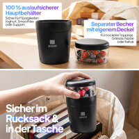 Pooni Müslibecher, Joghurtbecher aus PP-Kunststoff mit 2-in-1-Besteck, für Joghurt, BPA-frei, mikrowellengeeignet, 460 ml + 150 ml, Schwarze Eleganz