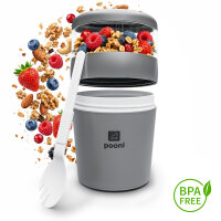 Pooni Müslibecher, Joghurtbecher aus PP-Kunststoff mit 2-in-1-Besteck, für Joghurt, BPA-frei, mikrowellengeeignet, 460 ml + 150 ml, Zartes Grau