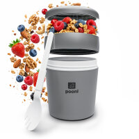 Pooni Müslibecher, Joghurtbecher aus PP-Kunststoff mit 2-in-1-Besteck, für Joghurt, BPA-frei, mikrowellengeeignet, 460 ml + 150 ml, Zartes Grau