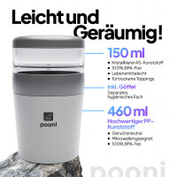 Pooni Müslibecher, Joghurtbecher aus PP-Kunststoff mit 2-in-1-Besteck, für Joghurt, BPA-frei, mikrowellengeeignet, 460 ml + 150 ml, Zartes Grau