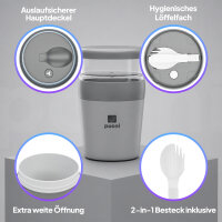 Pooni Müslibecher, Joghurtbecher aus PP-Kunststoff mit 2-in-1-Besteck, für Joghurt, BPA-frei, mikrowellengeeignet, 460 ml + 150 ml, Zartes Grau