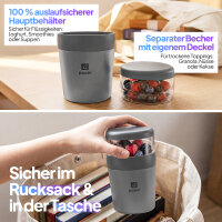 Pooni Müslibecher, Joghurtbecher aus PP-Kunststoff mit 2-in-1-Besteck, für Joghurt, BPA-frei, mikrowellengeeignet, 460 ml + 150 ml, Zartes Grau