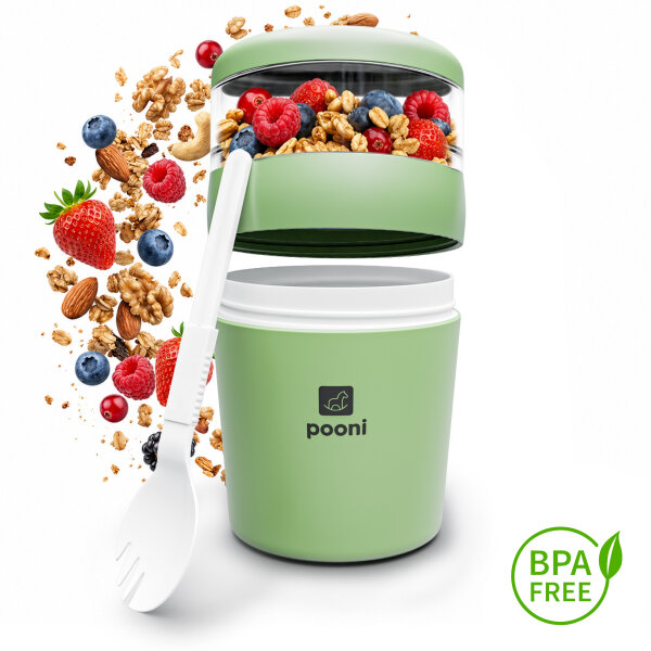 Pooni Müslibecher, Joghurtbecher aus PP-Kunststoff mit 2-in-1-Besteck, für Joghurt, BPA-frei, mikrowellengeeignet, 460ml + 150 ml, Frühlingsgrün