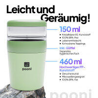 Pooni Müslibecher, Joghurtbecher aus PP-Kunststoff mit 2-in-1-Besteck, für Joghurt, BPA-frei, mikrowellengeeignet, 460ml + 150 ml, Frühlingsgrün